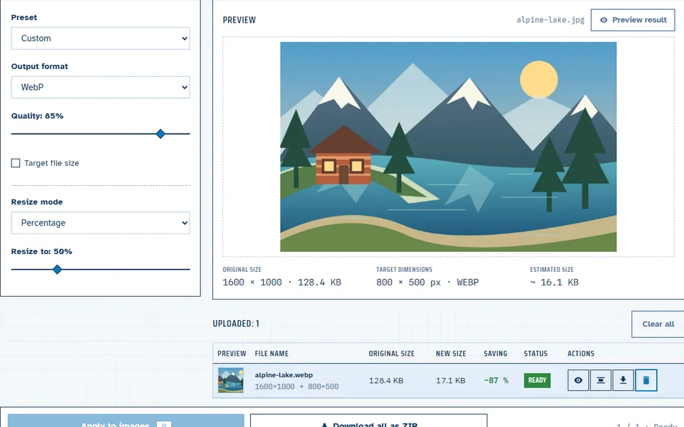 Image resizing workspace with a sample photo and size settings.