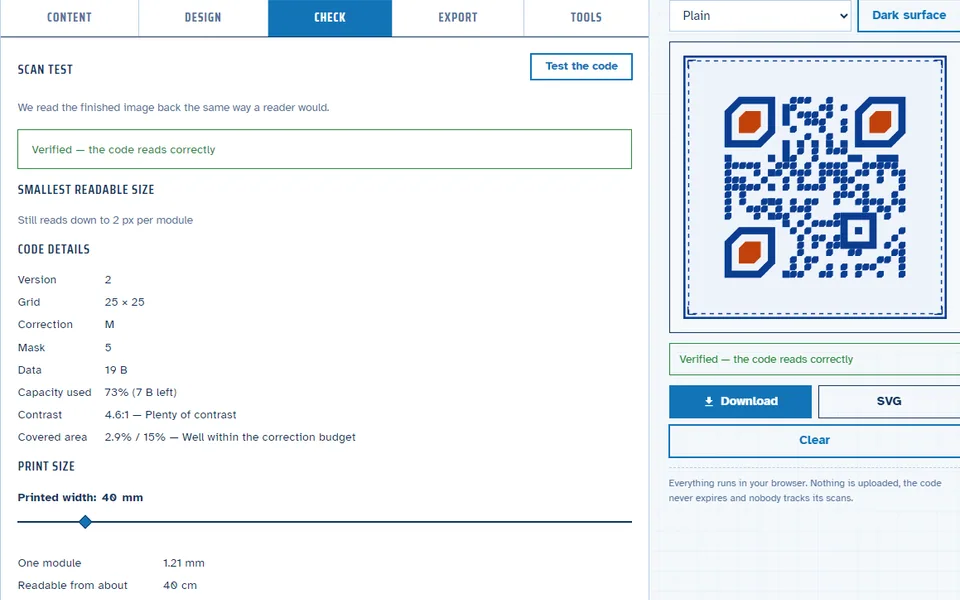 QR code workspace with an example code and styling controls.